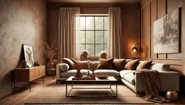 A cozy living room featuring Napkin Brown decor with a warm brown accent wall, beige sofa, wooden coffee table, and soft lighting.