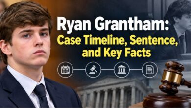 Ryan Grantham case timeline graphic showing key dates from 2020 to 2034