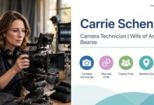 AI-generated photorealistic portrait illustration of a woman camera technician working behind a professional film camera on a set, not a real photo of Carrie Schenken