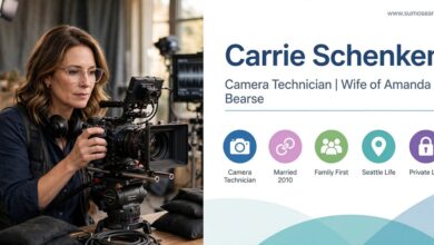 AI-generated photorealistic portrait illustration of a woman camera technician working behind a professional film camera on a set, not a real photo of Carrie Schenken