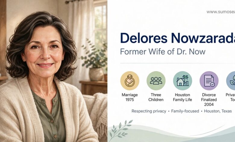 AI-generated photorealistic portrait illustration in composite style of a dignified mature woman in a warm, private family home setting, with a clean white title panel for Delores Nowzaradan, not a real photo