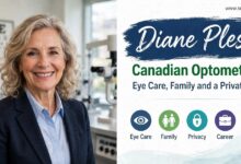 AI-generated photorealistic portrait illustration of a Canadian optometrist in a composite panel titled Diane Plese with www.sumosearch.us, not a real photo