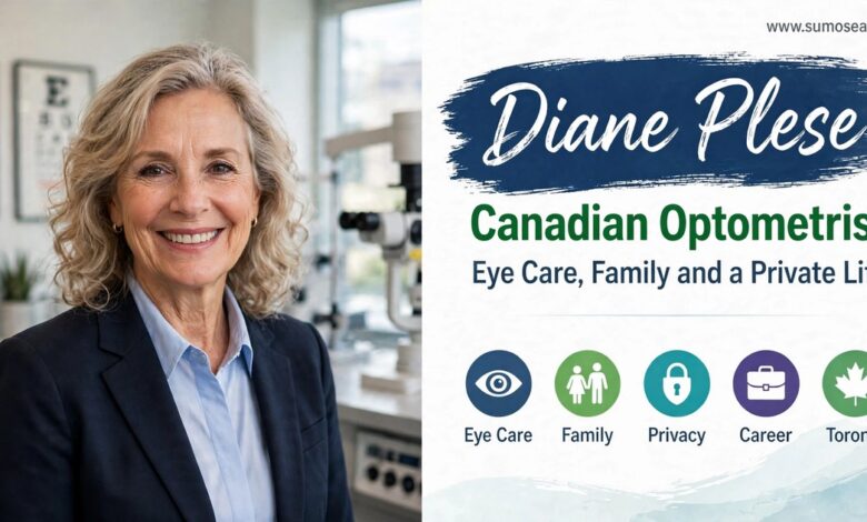 AI-generated photorealistic portrait illustration of a Canadian optometrist in a composite panel titled Diane Plese with www.sumosearch.us, not a real photo