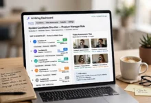 Recruiter laptop showing an AI hiring dashboard with ranked candidates, skill match scores and video assessments