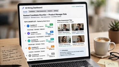 Recruiter laptop showing an AI hiring dashboard with ranked candidates, skill match scores and video assessments