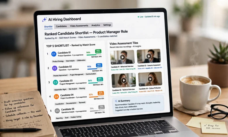 Recruiter laptop showing an AI hiring dashboard with ranked candidates, skill match scores and video assessments