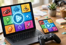 Laptop and phone showing a colorful grid of free browser games with a play button, a controller beside the keyboard on a desk