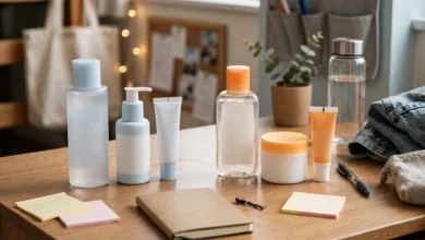 La Roche-Posay Effaclar and Neutrogena Stubborn Acne products side by side on a college dorm bathroom counter next to a student’s budget notebook