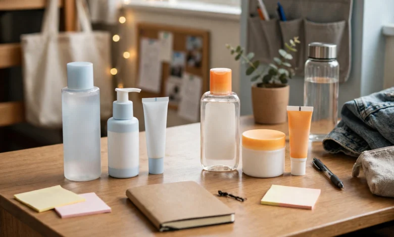 La Roche-Posay Effaclar and Neutrogena Stubborn Acne products side by side on a college dorm bathroom counter next to a student’s budget notebook