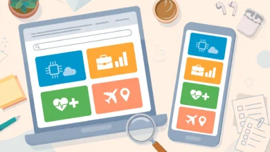 Laptop and phone showing a multi-topic online magazine homepage with technology, business, health and travel article cards and a magnifying glass beside it