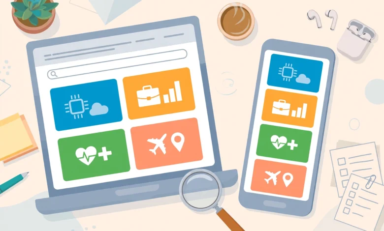Laptop and phone showing a multi-topic online magazine homepage with technology, business, health and travel article cards and a magnifying glass beside it