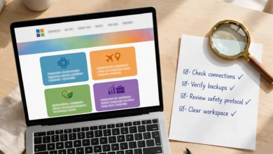 Laptop showing the snapjotz com multi-niche news homepage with article cards on technology, travel, health and business topics
