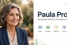 AI-generated photorealistic portrait illustration of Paula Profit, a private businesswoman, in Donna-style composite layout with title panel for sumosearch.us — not a real photo